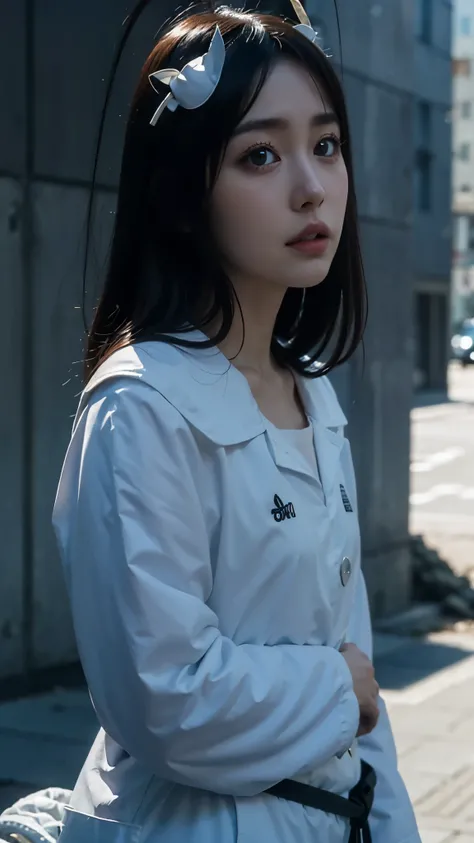 Half-body portrait of Giselle Gewelle from the anime Bleach, realistic and ultra-detailed. She has long dark hair, pale skin, and a mischievous yet eerie expression. Her eyes are sharp and captivating, with a faintly sinister charm. She is wearing her Ster...