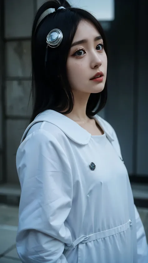 Half-body portrait of Giselle Gewelle from the anime Bleach, realistic and ultra-detailed. She has long dark hair, pale skin, and a mischievous yet eerie expression. Her eyes are sharp and captivating, with a faintly sinister charm. She is wearing her Ster...