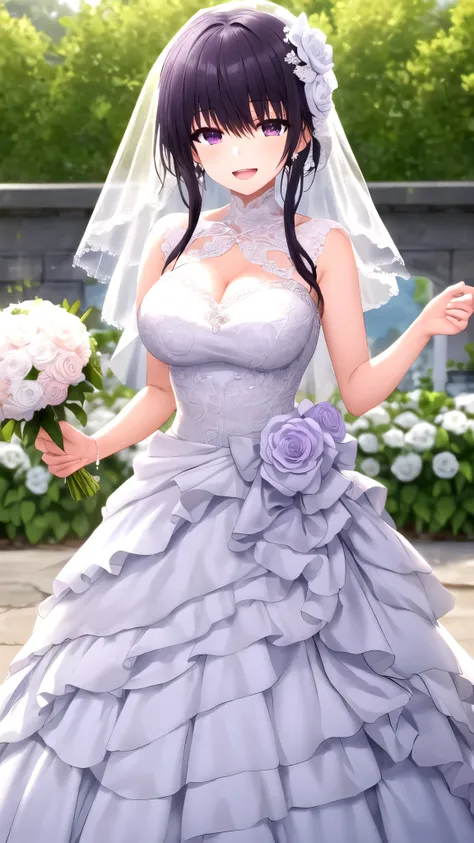 masterpiece, best quality, high quality, girl, solo, looking at viewer, amane_fujimiya, large breasts, wedding Dress, standing, smile, open mouth, outdoors 