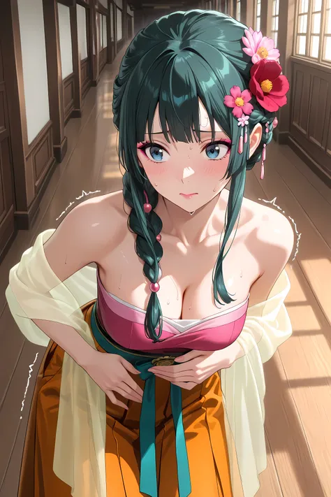 maomao, alternate cute hairstyle, hair flower, red flower, pink flower, hair ornament, braid, half updo, hair beads, hair over shoulder, long sidelocks lipstick, pink eyeliner,   ygo-dress, bare shoulders, strapless dress, yellow see-through shawl, green s...