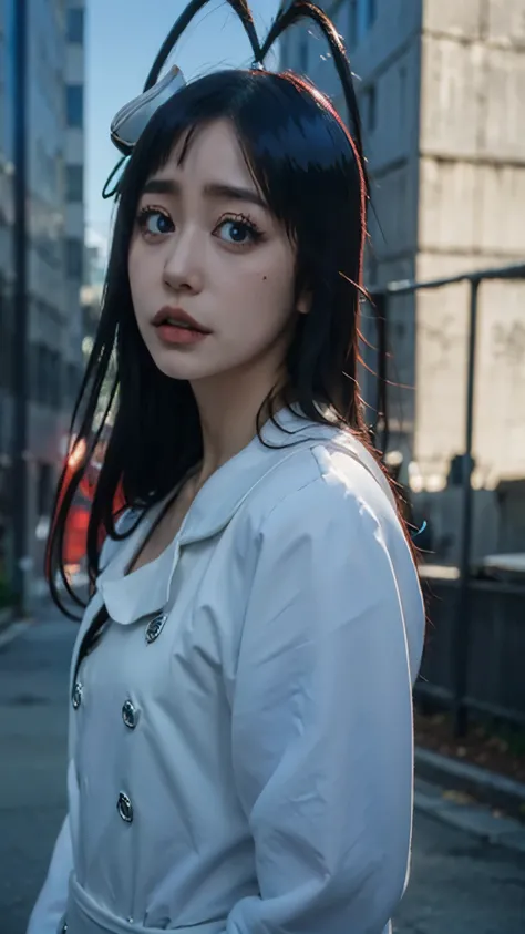 Half-body portrait of Giselle Gewelle from the anime Bleach, realistic and ultra-detailed. She has long dark hair, pale skin, and a mischievous yet eerie expression. Her eyes are sharp and captivating, with a faintly sinister charm. She is wearing her Ster...