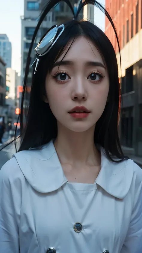 Half-body portrait of Giselle Gewelle from the anime Bleach, realistic and ultra-detailed. She has long dark hair, pale skin, and a mischievous yet eerie expression. Her eyes are sharp and captivating, with a faintly sinister charm. She is wearing her Ster...