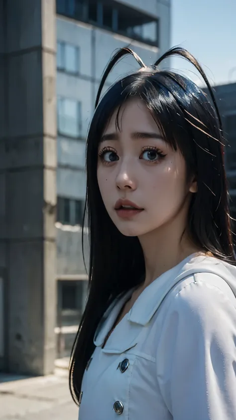 Half-body portrait of Giselle Gewelle from the anime Bleach, realistic and ultra-detailed. She has long dark hair, pale skin, and a mischievous yet eerie expression. Her eyes are sharp and captivating, with a faintly sinister charm. She is wearing her Ster...