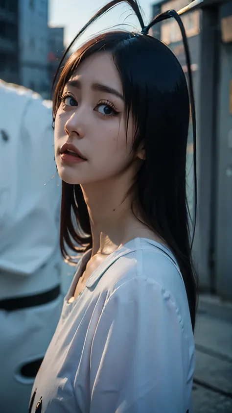 Half-body portrait of Giselle Gewelle from the anime Bleach, realistic and ultra-detailed. She has long dark hair, pale skin, and a mischievous yet eerie expression. Her eyes are sharp and captivating, with a faintly sinister charm. She is wearing her Ster...