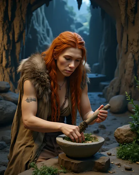 Primitive age era, (Stone primitive age era:1.6), ((Realistic cinematography ultra-wide depth intense details of realistically precise scenery deep cave scenery)),orderly stalagmites on the background,a detailed of Neanderthal ginger female herbalist,holdi...