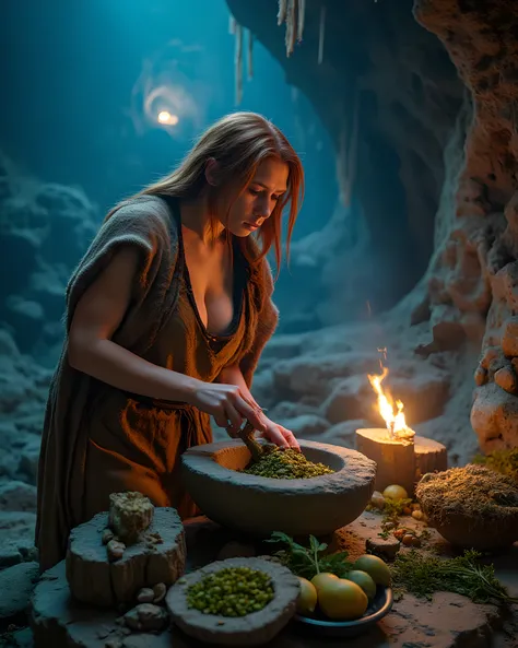 Primitive age era, (Stone primitive age era:1.6), ((Realistic cinematography ultra-wide depth intense details of realistically precise scenery deep cave scenery)),orderly stalagmites on the background,a detailed of Neanderthal ginger female herbalist,holdi...