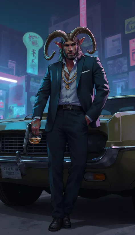 satyr, faun, horns, animal ears, 1male, solo, big horns, tail, hooves, gangster, gritty urban setting, humanoid with goat legs, sharp horns, wearing a stylish dark suit, loosened tie, gold chains hanging from his horns, smoking a cigar, he leans confidentl...