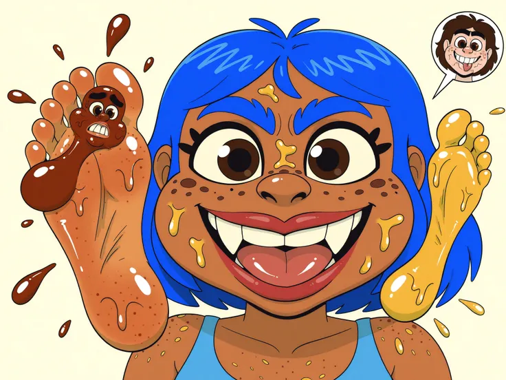 nose, lips, 1girl, teeth, tooth, skin dentation, detailed skin, 1female, perfect, bright eyes, hair, eyes, eyebrows, neck, gums, mole, shows large crooked teeth, smile. red lips, freckled cheeks, freckles, chest on freckles, body freckles, 1boy, feet, foot...