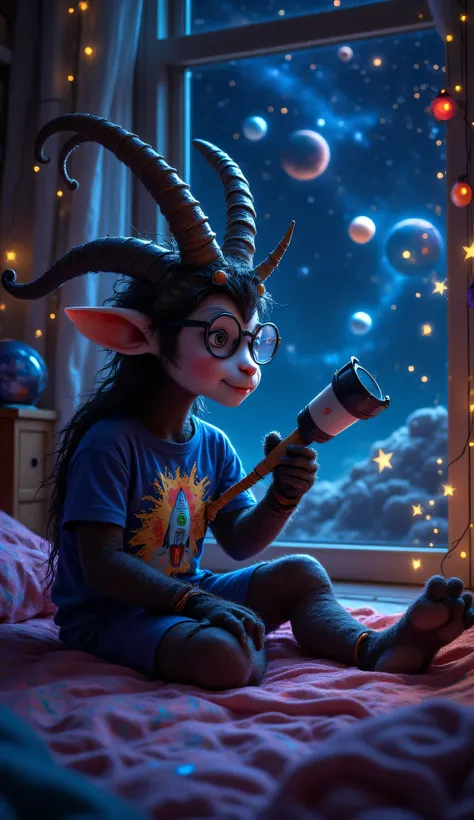 child satyr, faun, horns, animal ears, solo, big horns, tail, hooves, space enthusiast, small horns, fluffy goat legs, wearing a colorful T-shirt with a rocket print, oversized round glasses, toy astronaut helmet, sitting, in bedroom, decorated with glow-i...