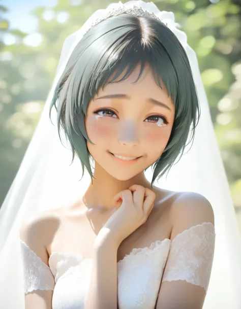1girl, yamagishi fuuka, umamusume, upper body, wedding dress, embarrassed, smile, tears, 16k, Ultra detailed, realistic, photorealistic, masterpiece, high score, great score, absurdres