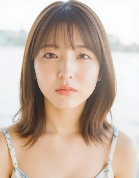 Raw photo, reality, ((staring)), ((focus on face)), ((close-up)), front view, Japanese woman, smiling in the sun, ((brown hair color, medium-long hair, hairstyle)), off-the-shoulder, beautiful collarbone, unedited, live action, authentic, cute young girl, ...