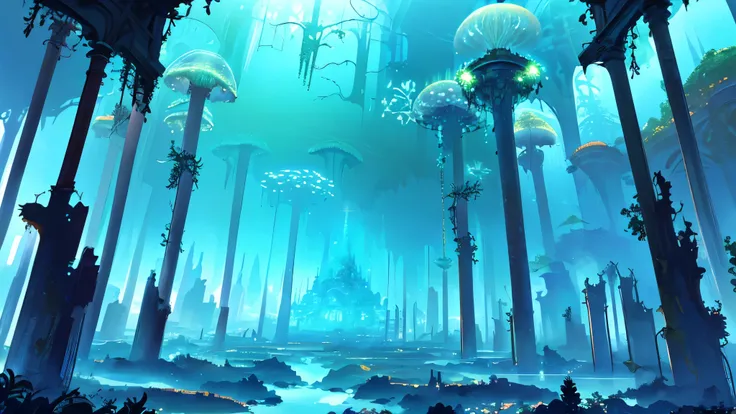 masterpiece, high quality, Ocean Forest, City, Great Fantasy, Glowing Plants, Coral Viaduct, (Glowing Jellyfish Group), (A group of fish with transparent wings flying in the sky), Misty, extreme details, Morning Light, epic composition, (Exquisite details)...
