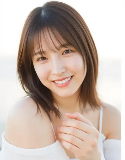 Raw photo, reality, ((staring)), ((focus on face)), ((close-up)), front view, Japanese woman, smiling in the sun, ((brown hair color, medium-long hair, hairstyle)), off-the-shoulder, beautiful collarbone, unedited, live action, authentic, cute young girl, ...