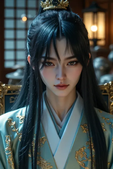 Big dark eyes are impressive((very straight long black hair is beautiful))Very White, Smooth, Beautiful Silky Skin、Clean, high nose、Japanese Kimono Luxury Black Outfit、Luxurious Japanese Clothes for Men、Ultra fine and precise real fantasy film、Interior of ...