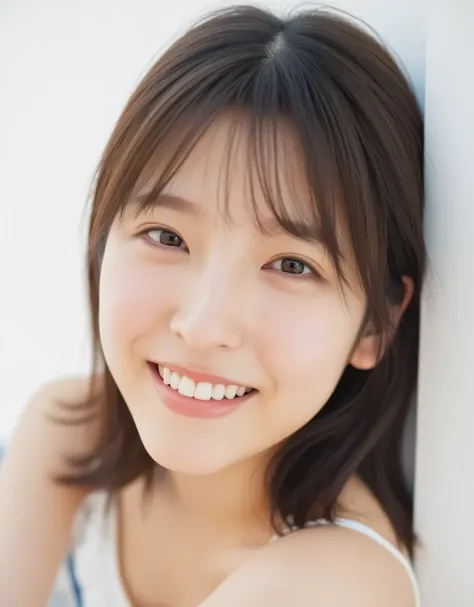 Raw photo, reality, ((staring)), ((focus on face)), ((close-up)), front view, Japanese woman, smiling in the sun, ((brown hair color, medium-long hair, hairstyle)), off-the-shoulder, beautiful collarbone, unedited, live action, authentic, cute young girl, ...