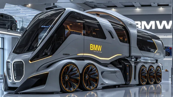 DE_style, A futuristic luxury motorhome concept vehicle designed by BMW, displayed inside a massive, modern showroom with glossy white marble floors, bright ceiling lights, and reflective surfaces. The motorhome has a bold, angular, and futuristic design w...