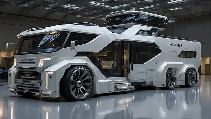 DE_style, A hyper-realistic, futuristic luxury motorhome designed like a massive Hummer vehicle inside a bright, spacious car showroom. The motorhome has an ultra-modern, angular, and aerodynamic exterior design with sharp edges and glossy metallic silver-...