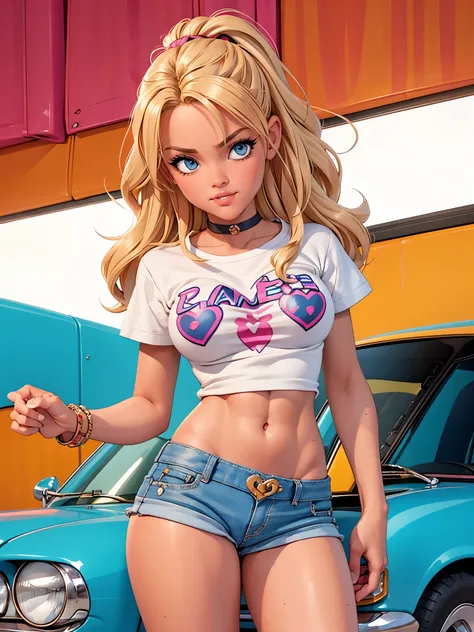 Teenage girl-model 1, beautiful, tanned, blonde, medium hair, pretty  eyes, beautiful figure, girl wearing tight crop shirt and too short mini shorts, beautiful long legs, slave bracelets, slave choker, manicure, cute makeup, flirtatiously posing, hot summ...