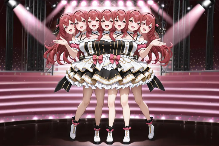 masterpiece, best quality, absurdres, full body, conjoined, 5 heads, 4 legs, idol girl on stage, singing, smile open mouth, dress, long hair, stage light, ((1girl, solo)), rating_safe