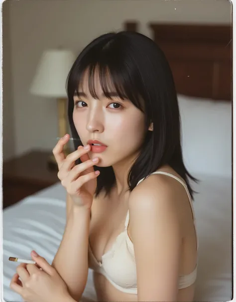 Perfect, perfect fingers, one girl, (Polaroid quality), dark bedroom, soft lighting. Profile.
((Wearing an ivory-white lace bra and panties)) A slender woman is relaxing on a bed in a love hotel, smoking a cigarette, ((Cigarette smoke)), ((Smoking: 1.5)) P...