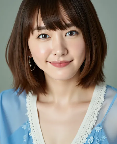 Facial close-up, a sharp focus 35mm photo of a young Asian woman named Gakki. She has a fair complexion and straight, semi-long bob brown hair with bangs framing her face. Her facial features are delicate, with a small nose, full lips, and large, dark eyes...