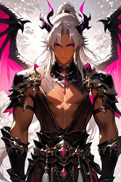 masterpiece, Highest Quality , male, solo, 20歳のmale, looking straight ahead, cowboy shot, silver hair, semi-long hair, ponytail from the front, Pink Eyes, Dark brown skin, Fantasy Outfit, Mukimuki, Strong, Two dragon horns, dragon wings on back, 