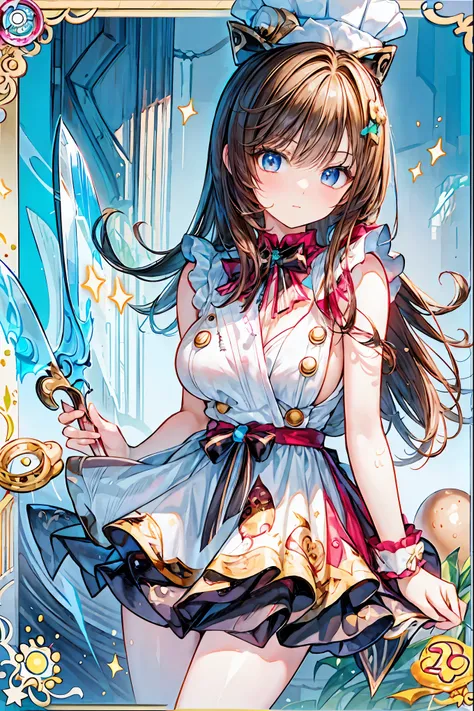 Portrait of a high school girl chef predicting the future with food,she holds a cooking design knife、I just finished drawing fortune telling results with delicate ketchup on an omelette,That omelette、and a pattern like the wheel of fortune } The thick egg ...