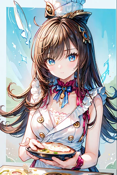 Portrait of a high school girl chef predicting the future with food,she holds a cooking design knife、I just finished drawing fortune telling results with delicate ketchup on an omelette,That omelette、and a pattern like the wheel of fortune } The thick egg ...