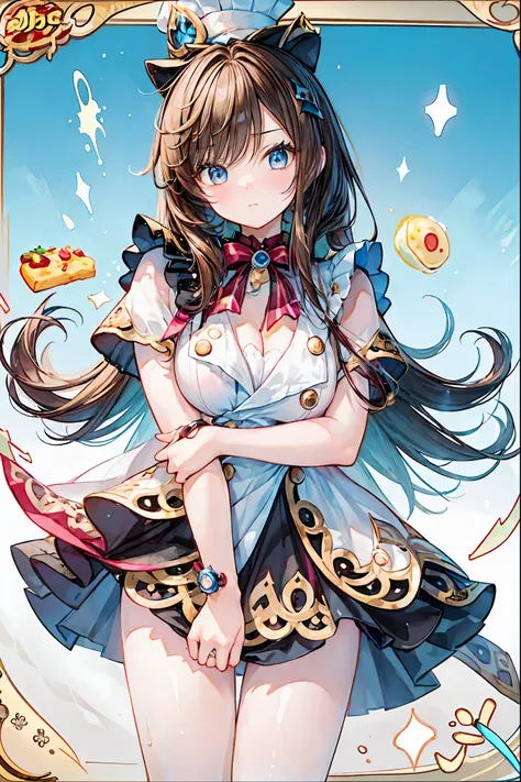 Portrait of a high school girl chef predicting the future with food,she holds a cooking design knife、I just finished drawing fortune telling results with delicate ketchup on an omelette,That omelette、and a pattern like the wheel of fortune } The thick egg ...