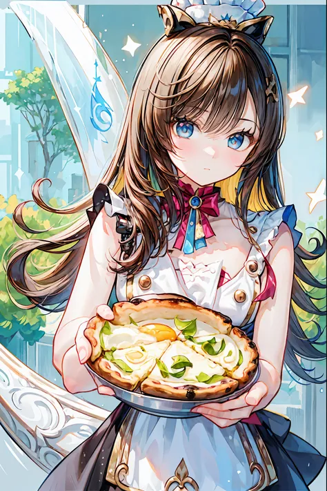 Portrait of a high school girl chef predicting the future with food,she holds a cooking design knife、I just finished drawing fortune telling results with delicate ketchup on an omelette,That omelette、and a pattern like the wheel of fortune } The thick egg ...