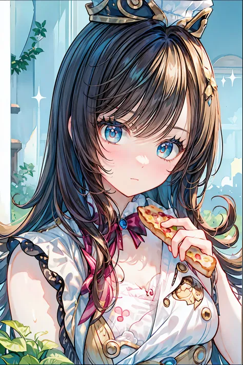 Portrait of a high school girl chef predicting the future with food,she holds a cooking design knife、I just finished drawing the fortune telling results with delicate ketchup on the omelette,That omelette、and a pattern like the wheel of fortune } The thick...