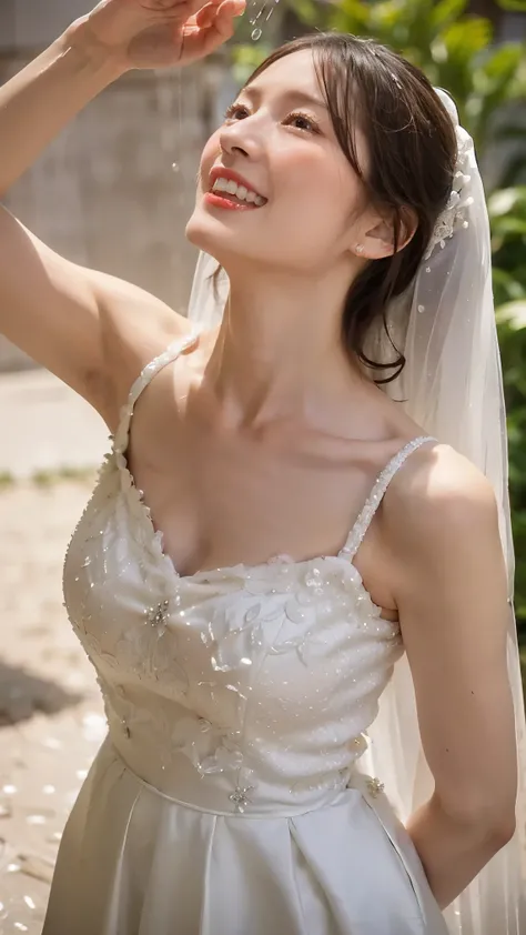 (very realistic picture), (A beautiful bride is looking up with expression of delight., She is standing in rice shower., She is also crying., Tear drops are falling from her eyes.:1.3), (type5:1.2), small breasts, beautiful Decolletage, beautiful cleavage,...