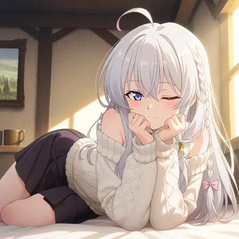 (masterpiece, top quality, highly detailed, 8k), anime style, Elaina (Wandering Witch: The Journey of Elaina), long silver hair, blue eyes, cute anime girl, sitting indoors, cozy room background with warm sunlight, wearing a large white off-shoulder knitte...