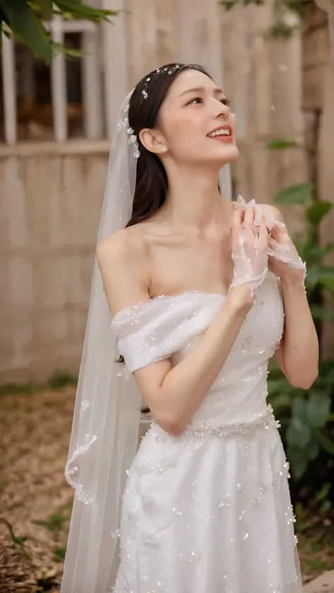 (very realistic picture), correct hand, (A beautiful bride is looking up with expression of delight., She is standing in rice shower., She is also crying., Tear drops are falling from her eyes, She is putting her hands over her mouth.:1.3), (type5:1.228), ...