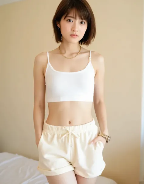 A young woman, likely in her late teens or early twenties, with fair skin (brown hair, short bob, hairstyle) and neutral skin tone. She is posing confidently, photographed from mid-thigh up, and has a neutral, poised expression. She is looking directly int...