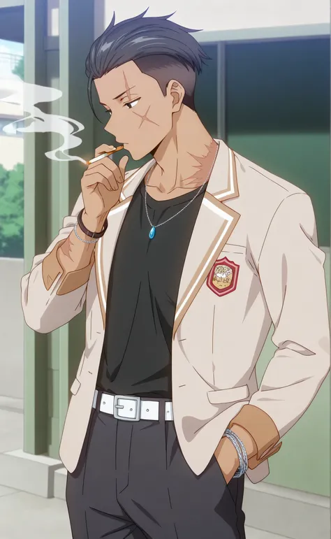 1male, solo, black hair, short hair, slicked-back hair, undercut hair, black eyes, tan skin, lazyface, beige blazer, black t-shirts, black pants, white belt, wrist chain, necklace, scar burned, thug, smoking, 1cigarettes, muscle, school, rooftops, Tokidoki...