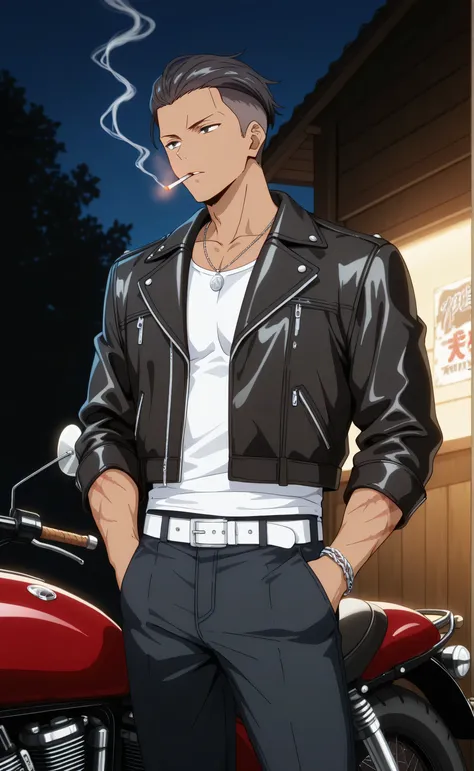 1male, solo, black hair, short hair, slicked-back hair, undercut hair, black eyes, tan skin, lazyface, black leather jacket, white toptank, black jeans, white belt, wrist chain, necklace, scar burned, thug, smoking, 1cigarettes, muscle, night, motorcycle g...