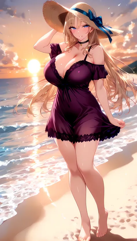 (masterpiece, best_quality:1.2), 1girl, solo, mature female, very long hair, blonde hair, blue eyes, (purple lace nightgown, off-shoulder short dress, black choker, sun hat), beautiful eyes, female focus, looking at viewer, smile, blush, proud, horny, coll...