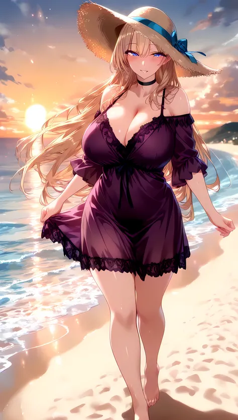 (masterpiece, best_quality:1.2), 1girl, solo, mature female, very long hair, blonde hair, blue eyes, (purple lace nightgown, off-shoulder short dress, black choker, sun hat), beautiful eyes, female focus, looking at viewer, smile, blush, proud, horny, coll...