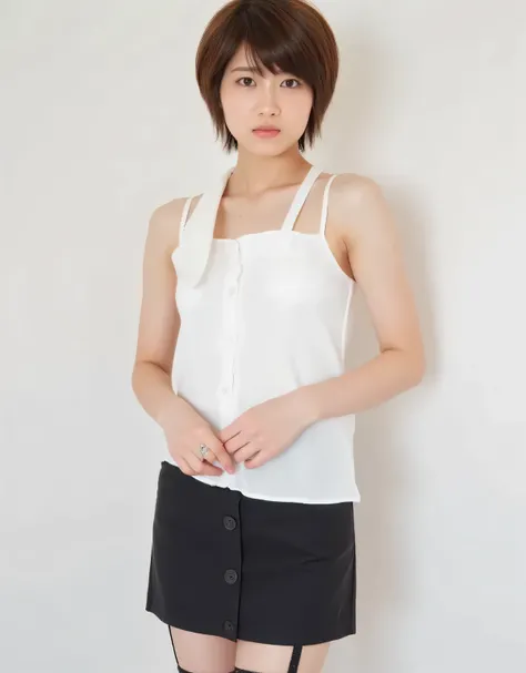 Generate an image of a Japanese woman in her 20s. The conditions are as follows: ((brown hair, short hair, hairstyle)), white sleeveless top, ultra-mini skirt, black garter stockings, ring on left ring finger, full body generated.
