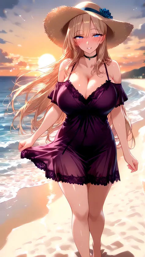 (masterpiece, best_quality:1.2), 1girl, solo, mature female, very long hair, blonde hair, blue eyes, (purple lace nightgown, off-shoulder short dress, black choker, sun hat), beautiful eyes, female focus, looking at viewer, smile, blush, proud, horny, coll...