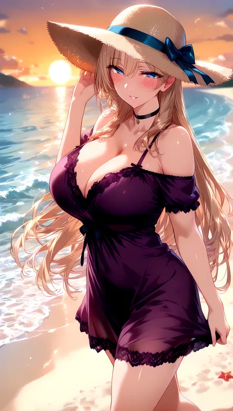 (masterpiece, best_quality:1.2), 1girl, solo, mature female, very long hair, blonde hair, blue eyes, (purple lace nightgown, off-shoulder short dress, black choker, sun hat), beautiful eyes, female focus, looking at viewer, smile, blush, proud, horny, coll...