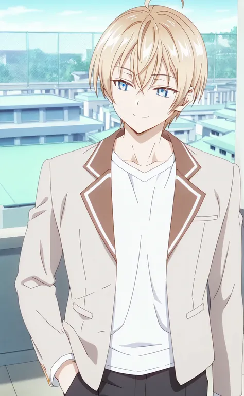 1male, solo, Yuuto Kiba, blond hair, short hair, blue eyes, smile, beige blazer, white t-shirt, black pants, muscle, hand in pocket, school, rooftop, Tokidoki Bosotto Russia go De Dereru Tonari No Alya san Anime style
