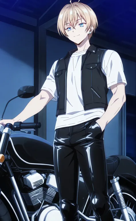 1male, solo, Yuuto Kiba, blond hair, short hair, blue eyes, smile, black leather vest, white t-shirt, leather pants, earrings, muscle, thug, hand in pocket, night, motorcycle garage, Tokidoki Bosotto Russia go De Dereru Tonari No Alya san Anime style
