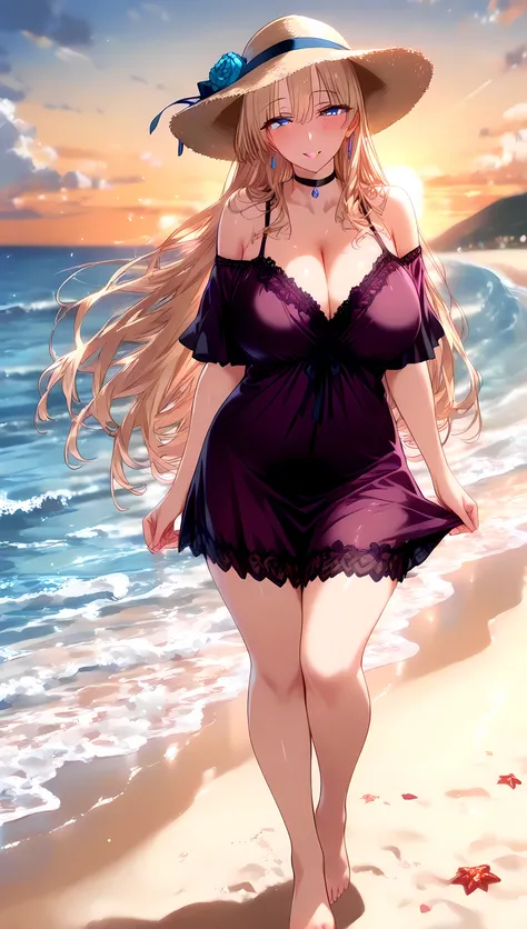 (masterpiece, best_quality:1.2), 1girl, solo, mature female, very long hair, blonde hair, blue eyes, (purple lace nightgown, off-shoulder short dress, black choker, sun hat), beautiful eyes, female focus, looking at viewer, smile, blush, proud, horny, coll...