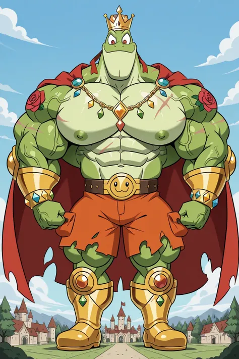 A green giant cartoon 2d frog king, gigantic chin, biggest muscular body, ginomous biceps enormous pectorals, detailed abs, golden armor with colorful jewels, golden bracelets with colorful jewels, golden necklaces with colorful jewels, golden chest with c...