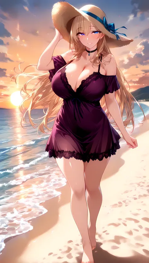 (masterpiece, best_quality:1.2), 1girl, solo, mature female, very long hair, blonde hair, blue eyes, (purple lace nightgown, off-shoulder short dress, black choker, sun hat), beautiful eyes, female focus, looking at viewer, smile, blush, proud, horny, coll...