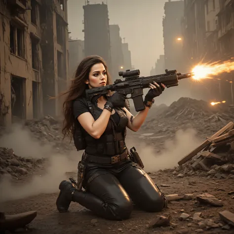Ultra-realistic, photo-realistic, an ultra attractive woman with very long wavy dark hair, heavy black eye makeup up and wearing an all black SWAT type outfit is engaged in an urban warfare nightmare. The enormous automatic assault rifle she has blasts rou...