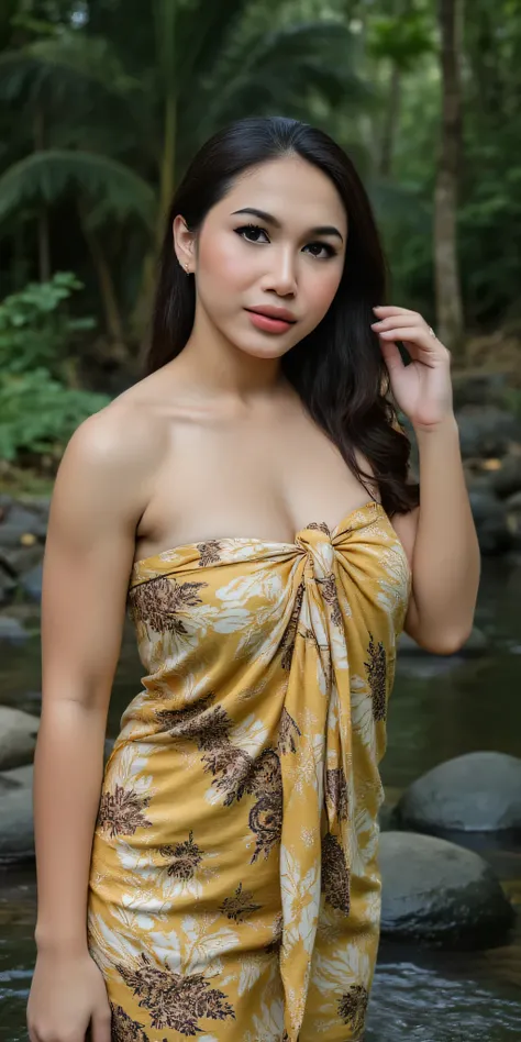 Full body.an Indonesian pretty woman. Attractive woman, wavy flowing Long dark black hair, high pony tail. Big eyes, dark eyes. Almond-shaped eyes, defined eyelashes. Her elbrows are well-groomed, dark and slightly arched. Her Lips is full-plump, natural p...