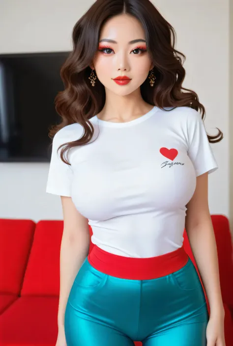 score_9, score_8_above, score_7_above.
beautiful Japanese woman, makeabove, eye shadows,  eyeliners , Long false false eyelashes, light red lips, short wavy hair.
Glamorous body, big breasts.
Cova plain t-shirt, tight pants.
living room.